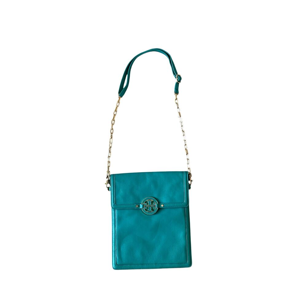 TORY BURCH Amanda Leather Crossbody Bag with Chain Turquoise